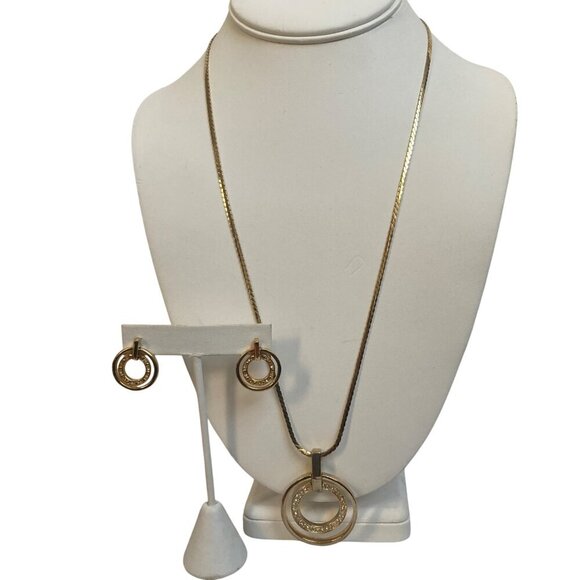 Gold Tone Circle Pendant Necklace Earring Set Rhinestone Inlay 24" S Chain - Picture 1 of 9